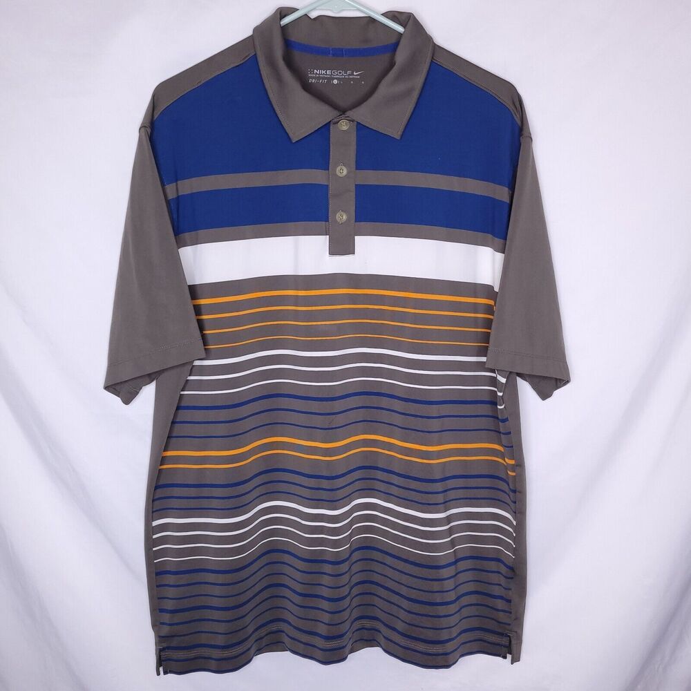 Men's Striped Polo Shirt - Blue, Gray, and Orange